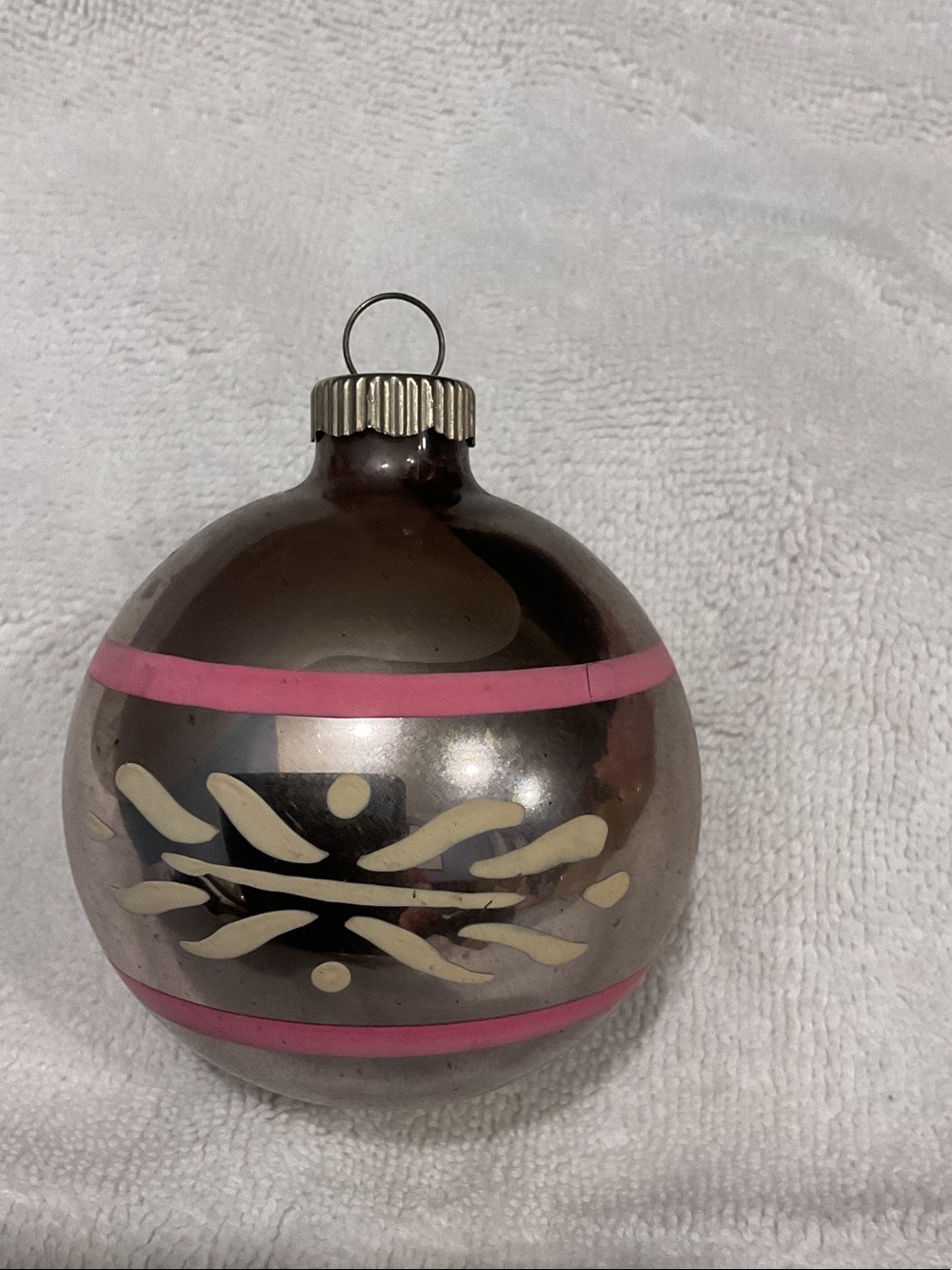 Silver Glass Holiday Ornament with Pink Bands and Cream Motif